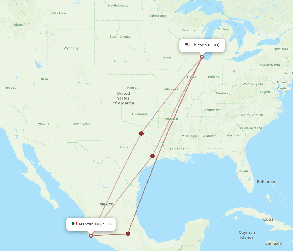 Manzanillo - Chicago route map and flight paths