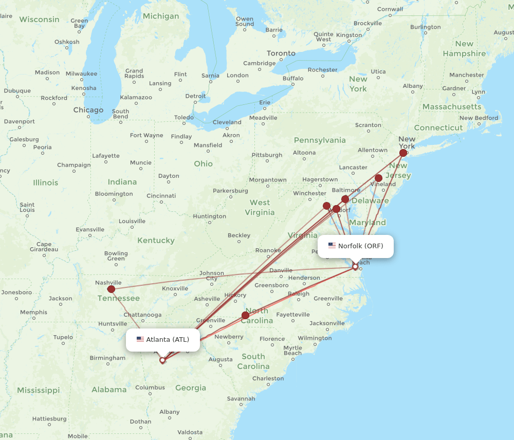 ORF to ATL flights and routes map