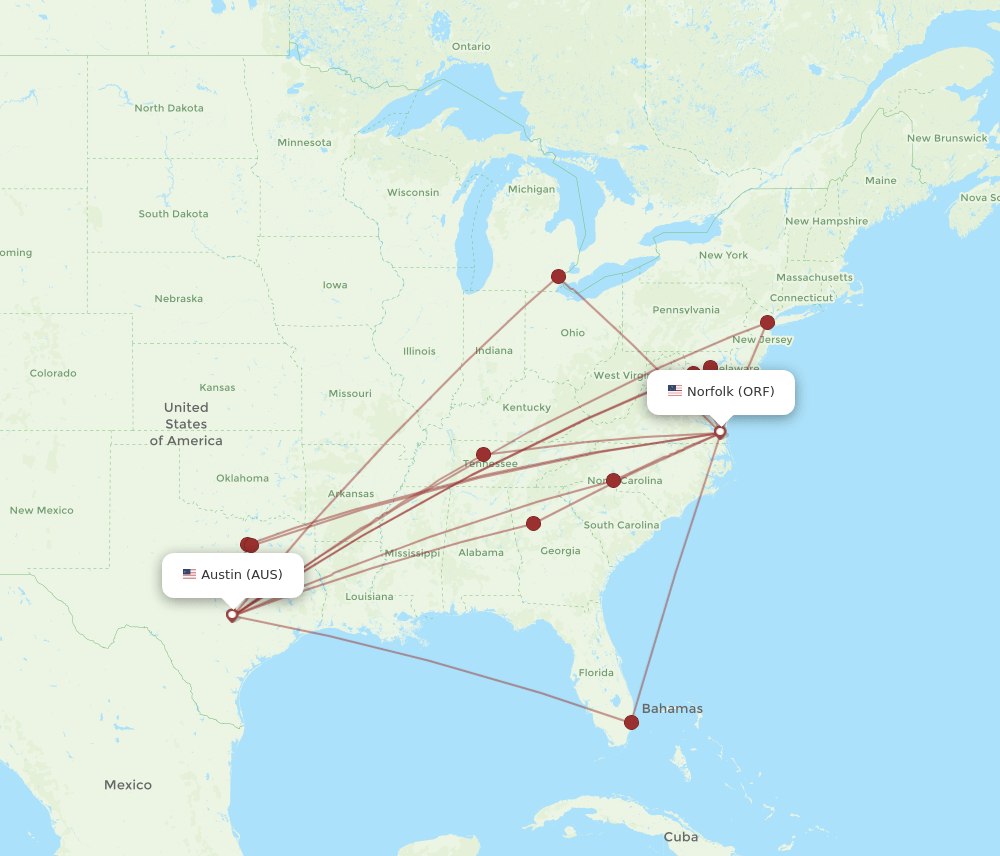 ORF to AUS flights and routes map