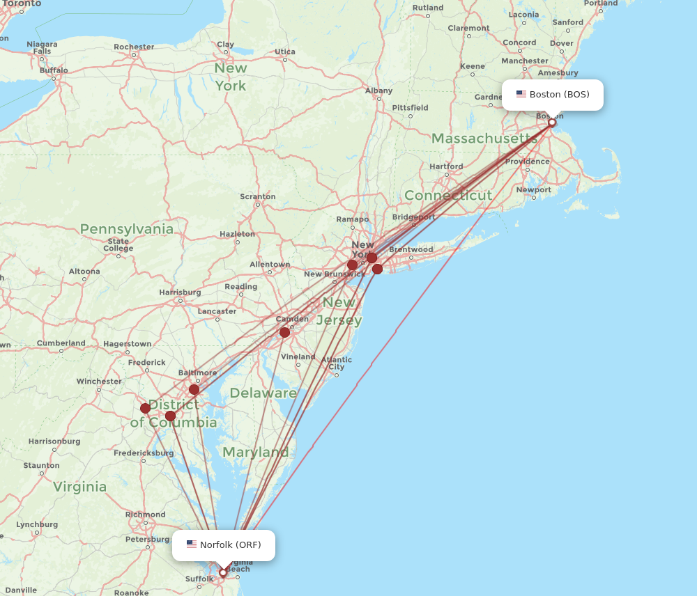 ORF to BOS flights and routes map