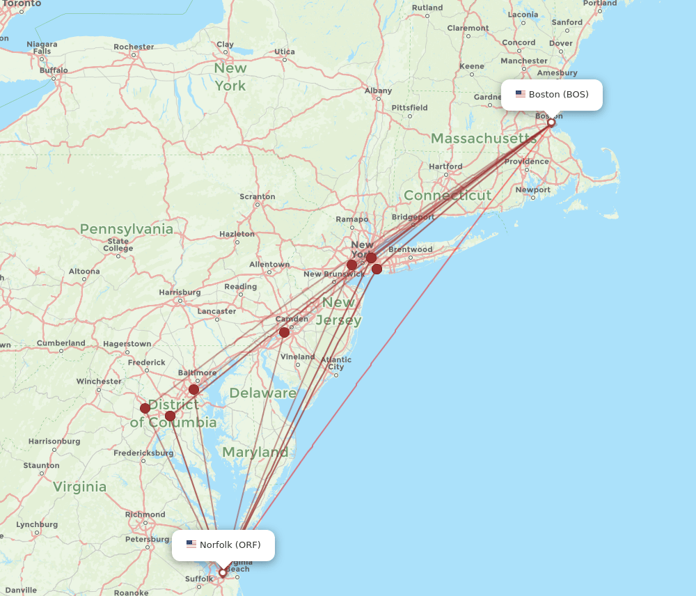 ORF-BOS flight routes