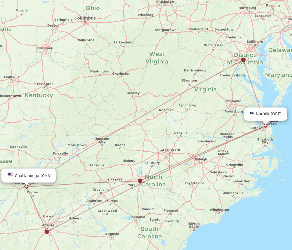 ORF-CHA flight routes