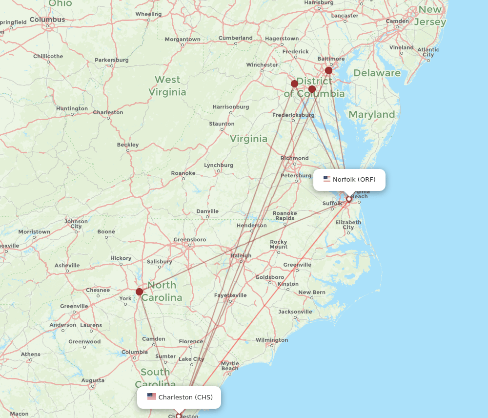 ORF to CHS flights and routes map