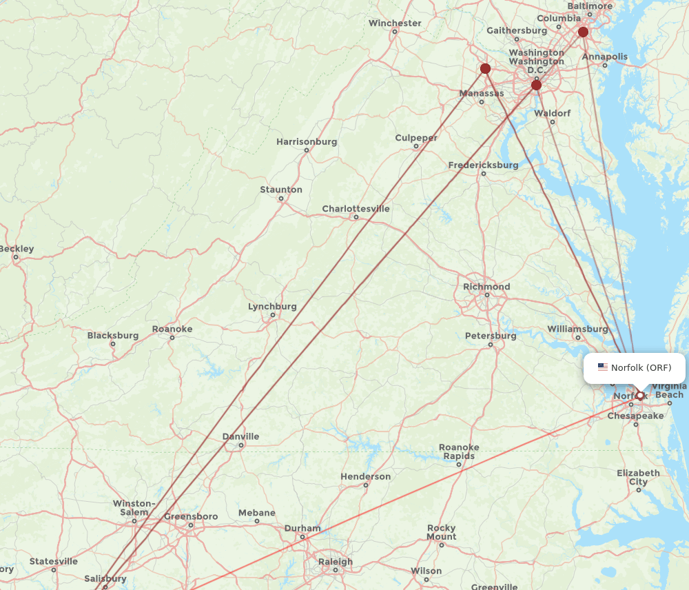 ORF to CLT flights and routes map