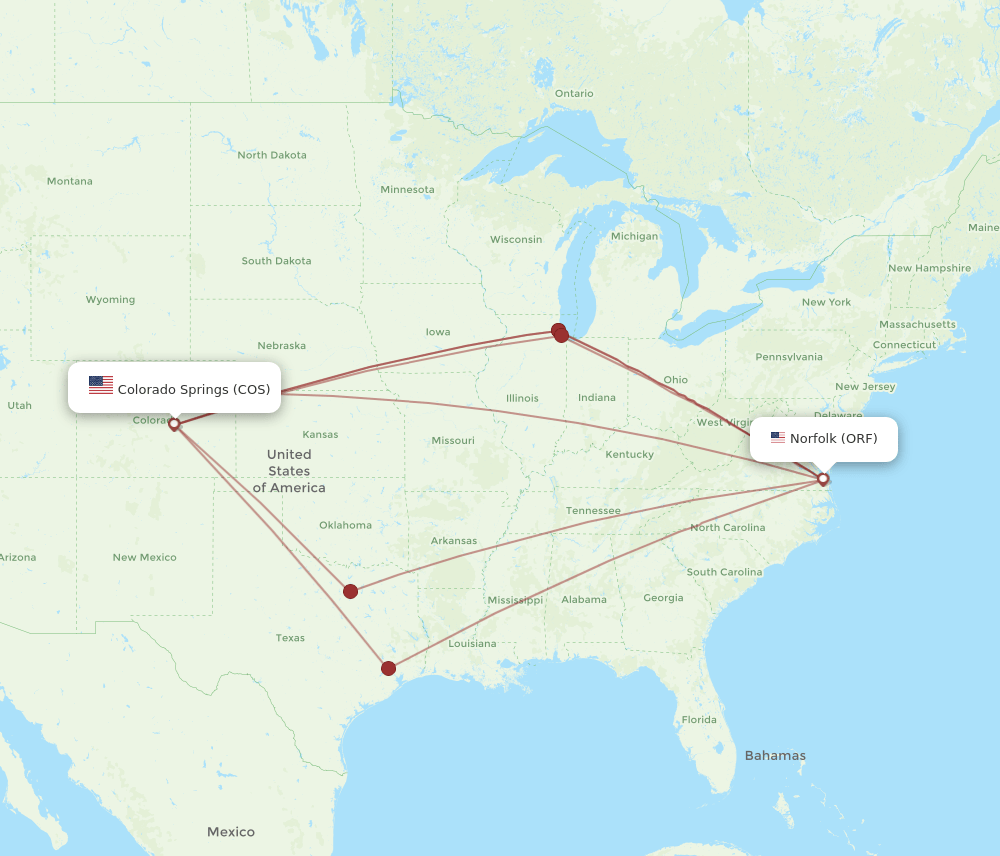 ORF to COS flights and routes map