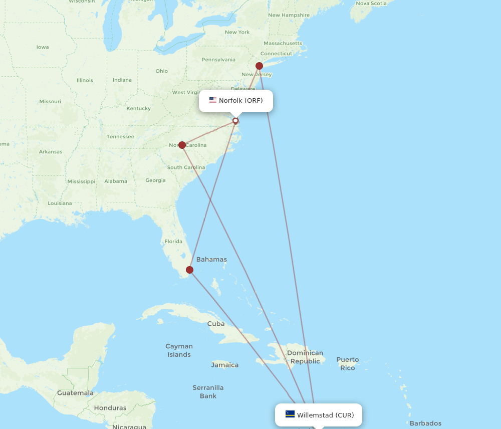ORF-CUR flight routes