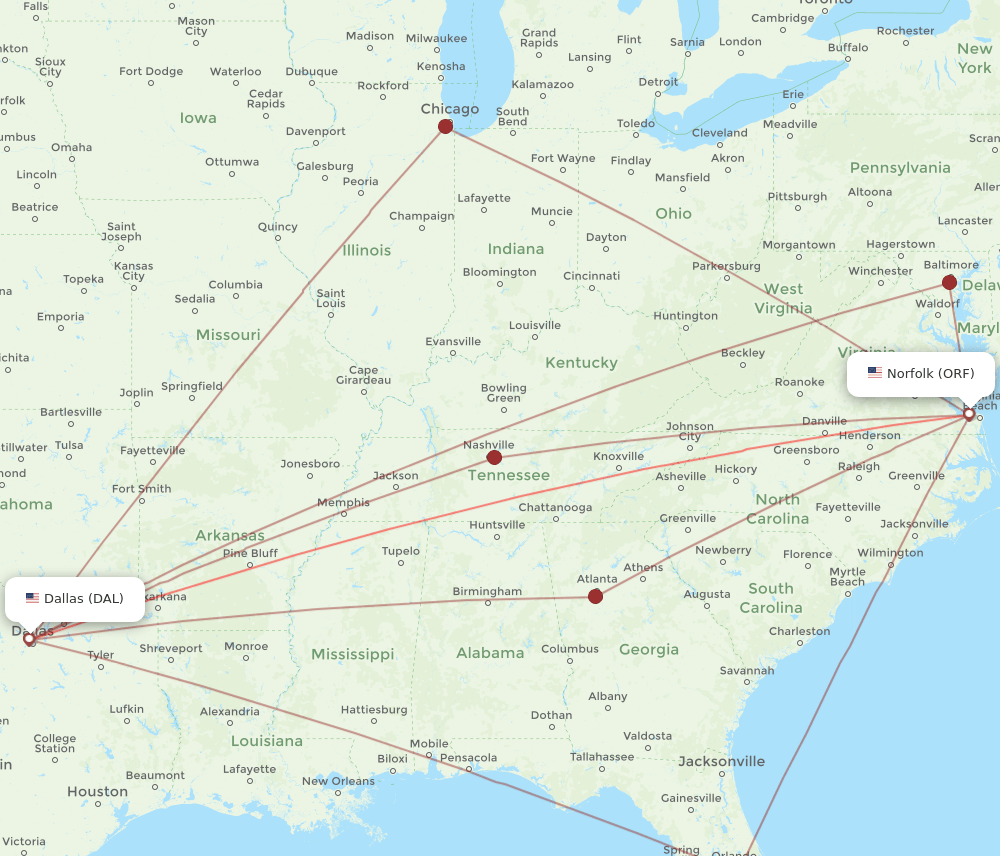 ORF-DAL flight routes