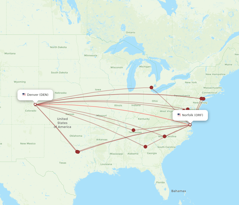 ORF-DEN flight routes