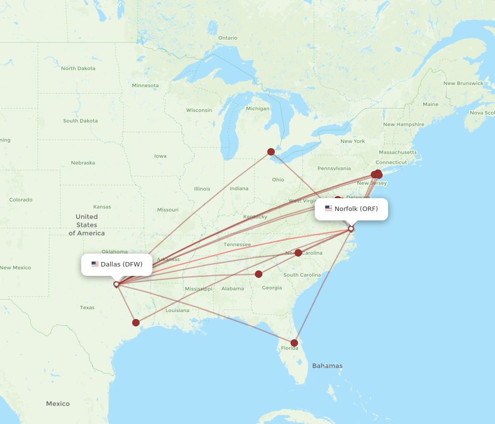 ORF-DFW flight routes