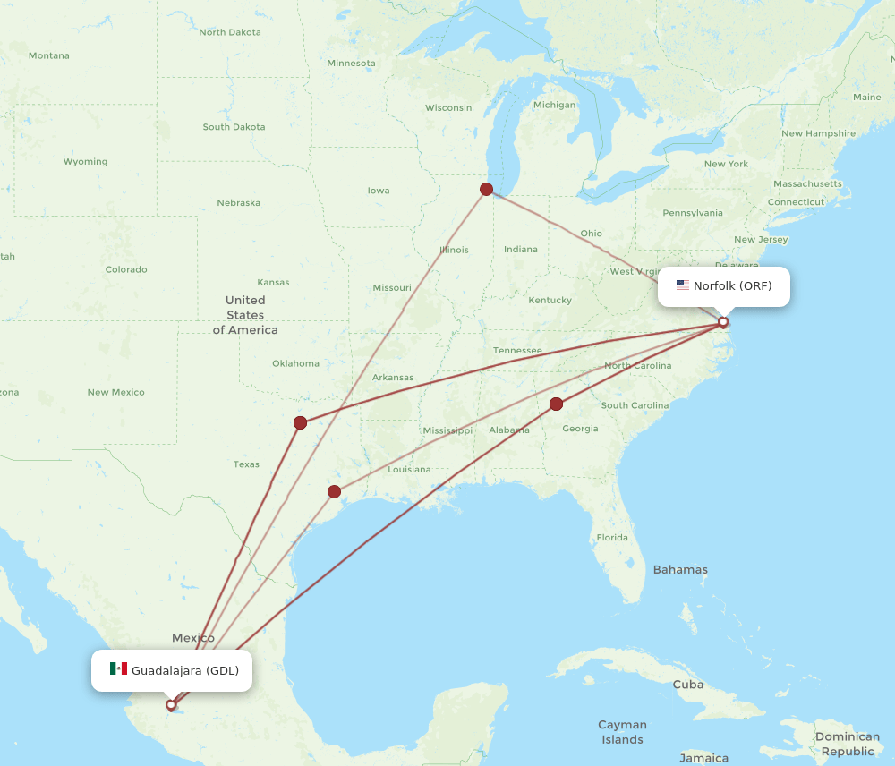 ORF-GDL flight routes