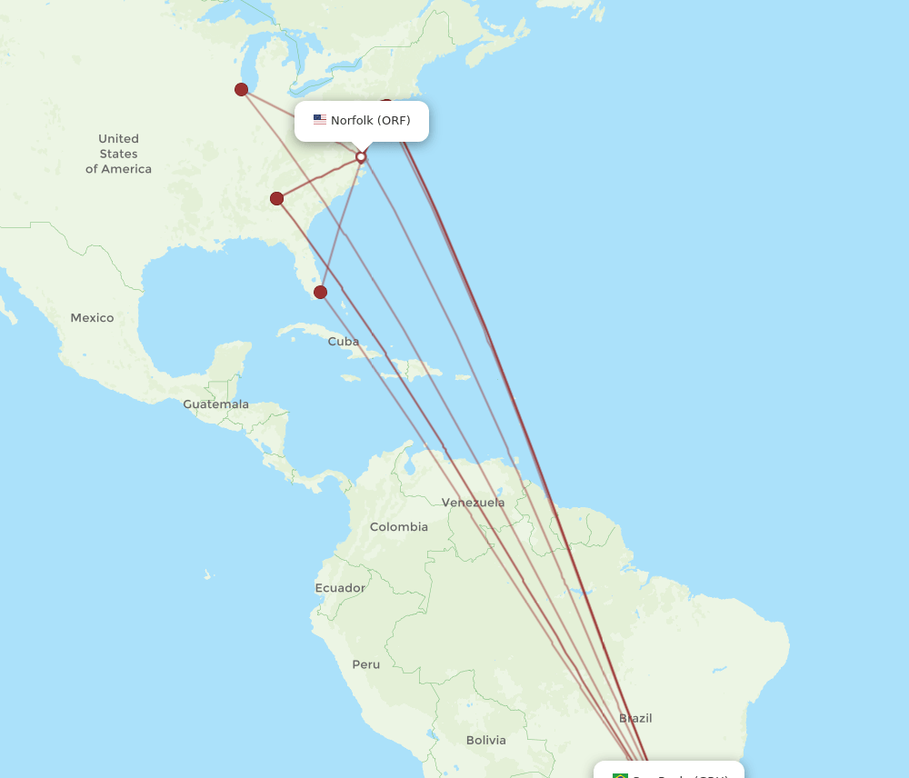 ORF to GRU flights and routes map