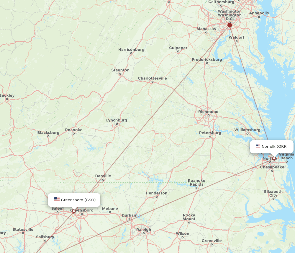 ORF to GSO flights and routes map