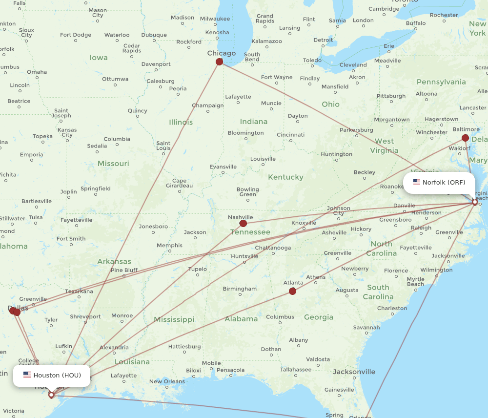 ORF to HOU flights and routes map
