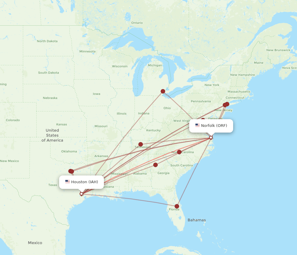 ORF to IAH flights and routes map