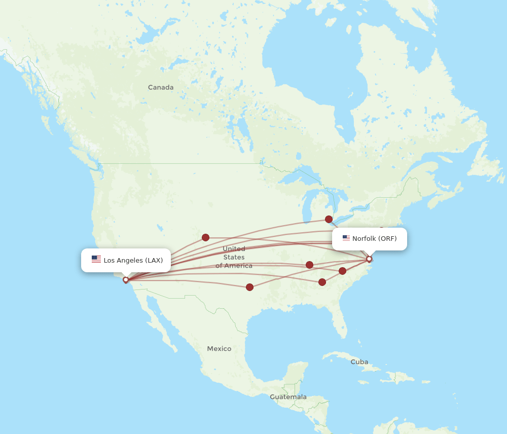 ORF-LAX flight routes