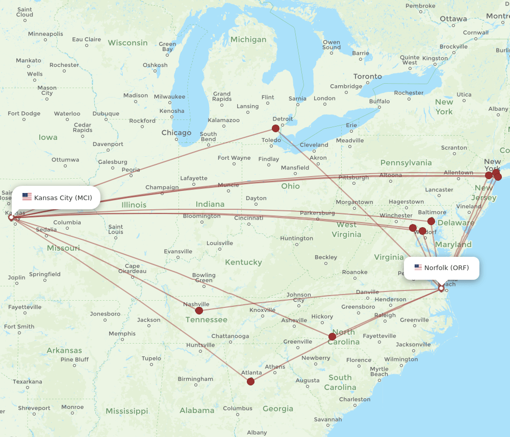 ORF-MCI flight routes