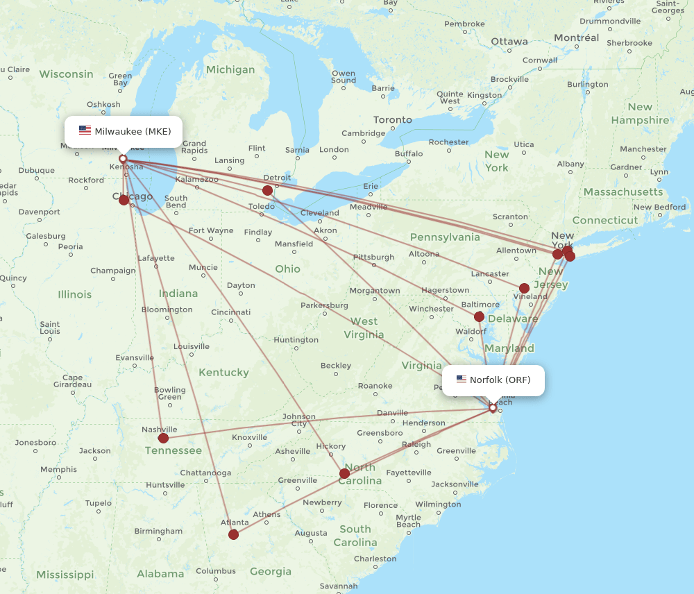 ORF-MKE flight routes
