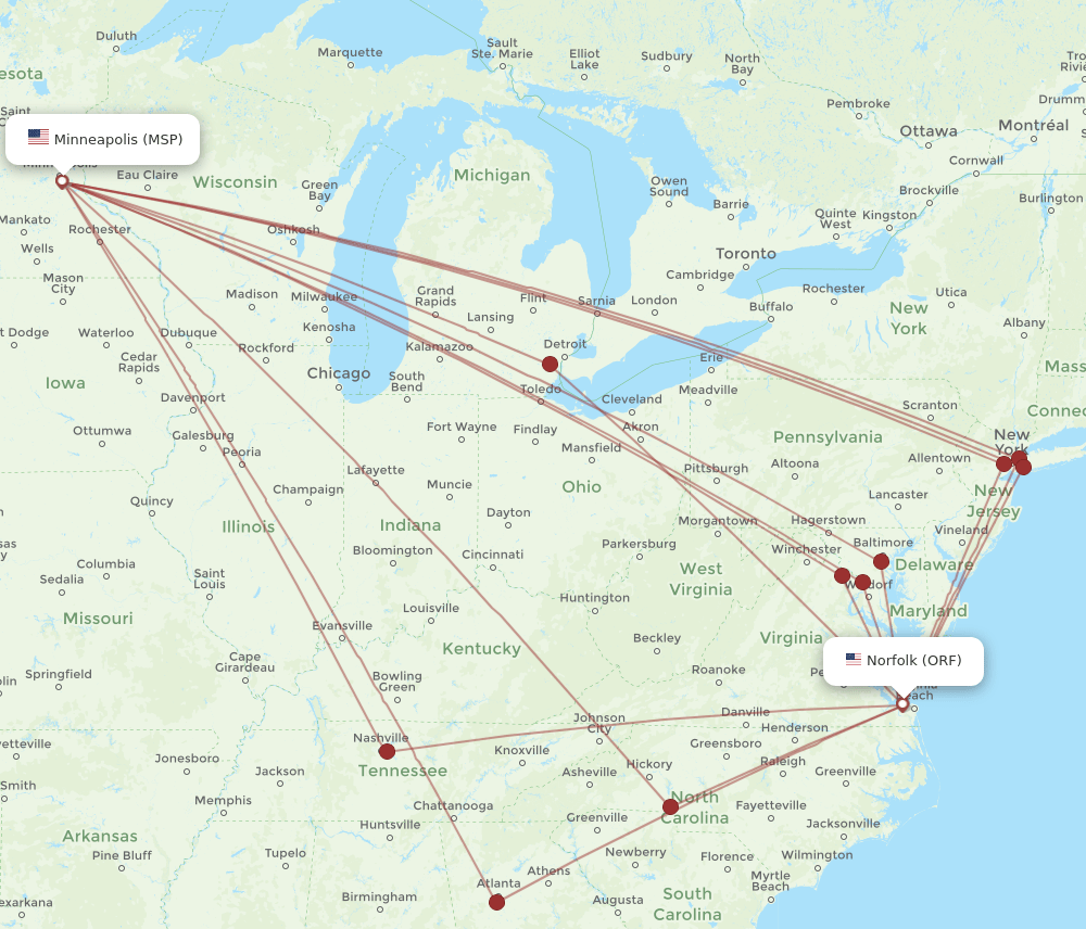 ORF to MSP flights and routes map