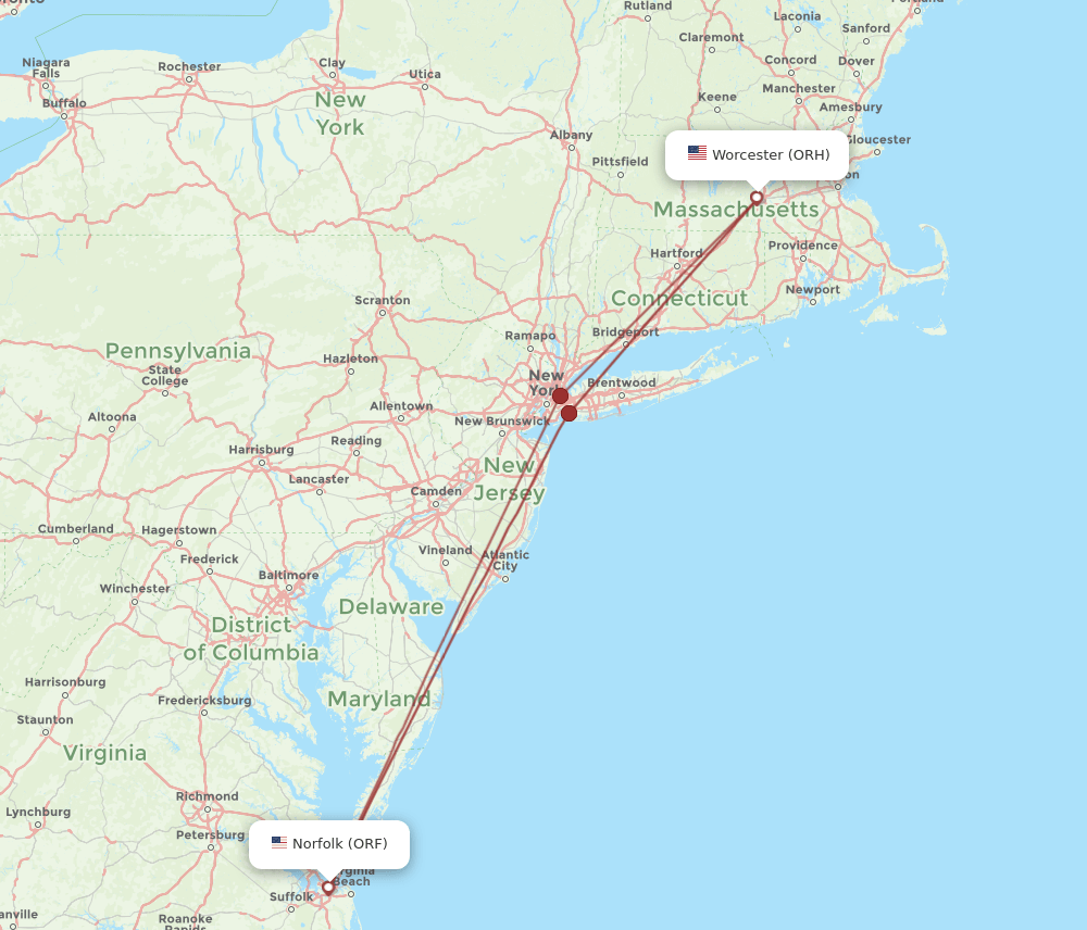 ORF to ORH flights and routes map