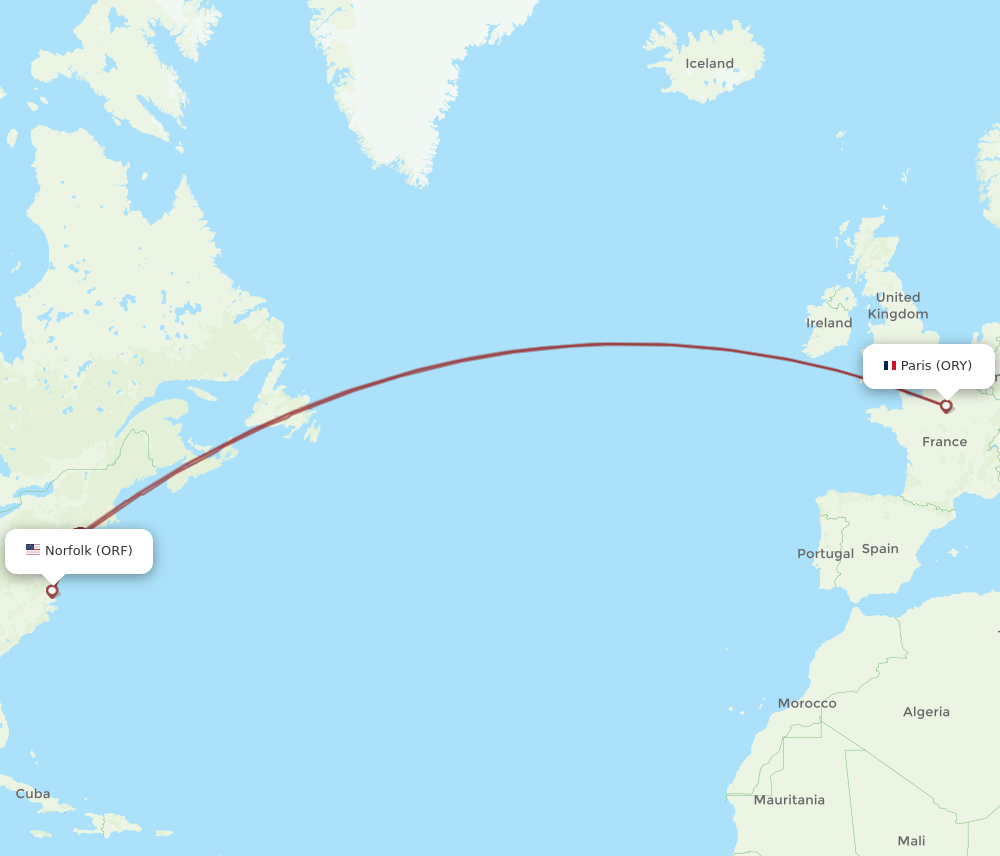 Norfolk - Paris route map and flight paths