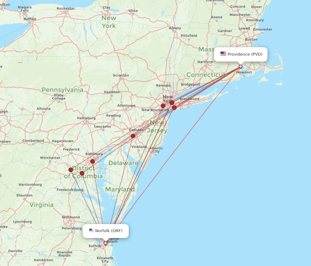 ORF to PVD flights and routes map