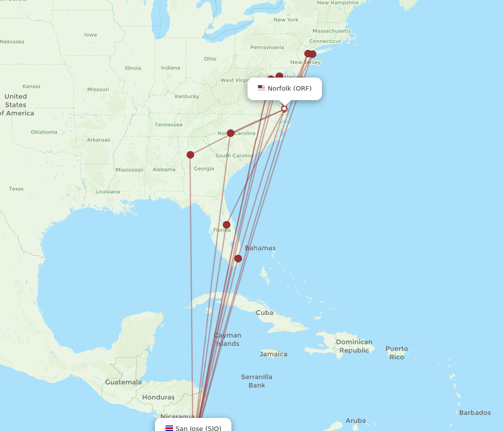 ORF-SJO flight routes