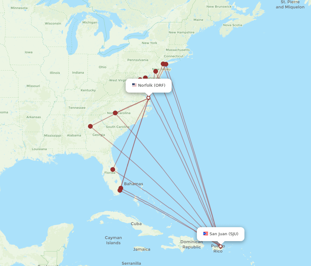 ORF to SJU flights and routes map