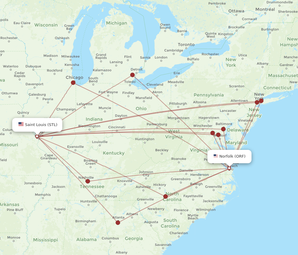 ORF to STL flights and routes map