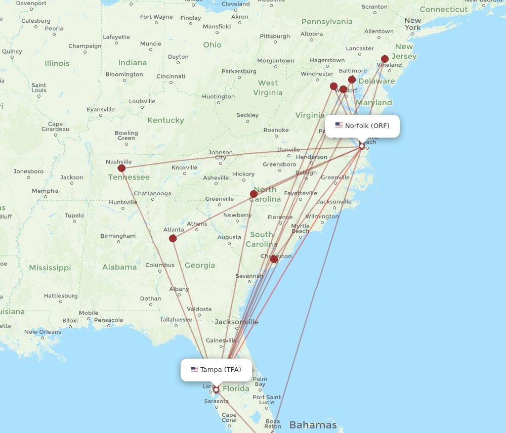 ORF to TPA flights and routes map
