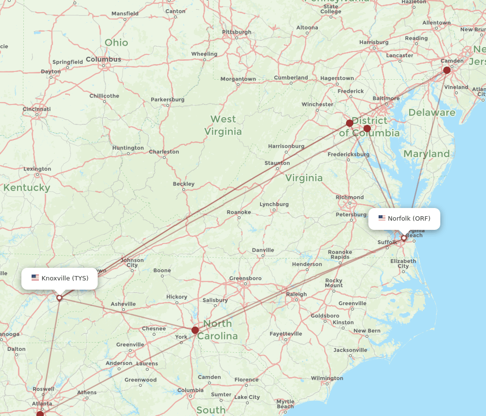 ORF to TYS flights and routes map