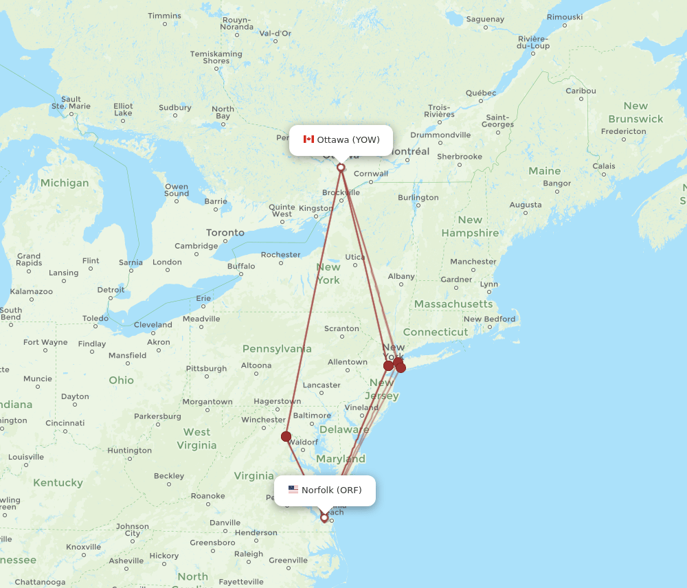 ORF-YOW flight routes