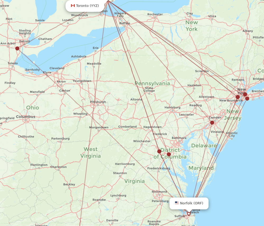 Toronto - Norfolk route map and flight paths