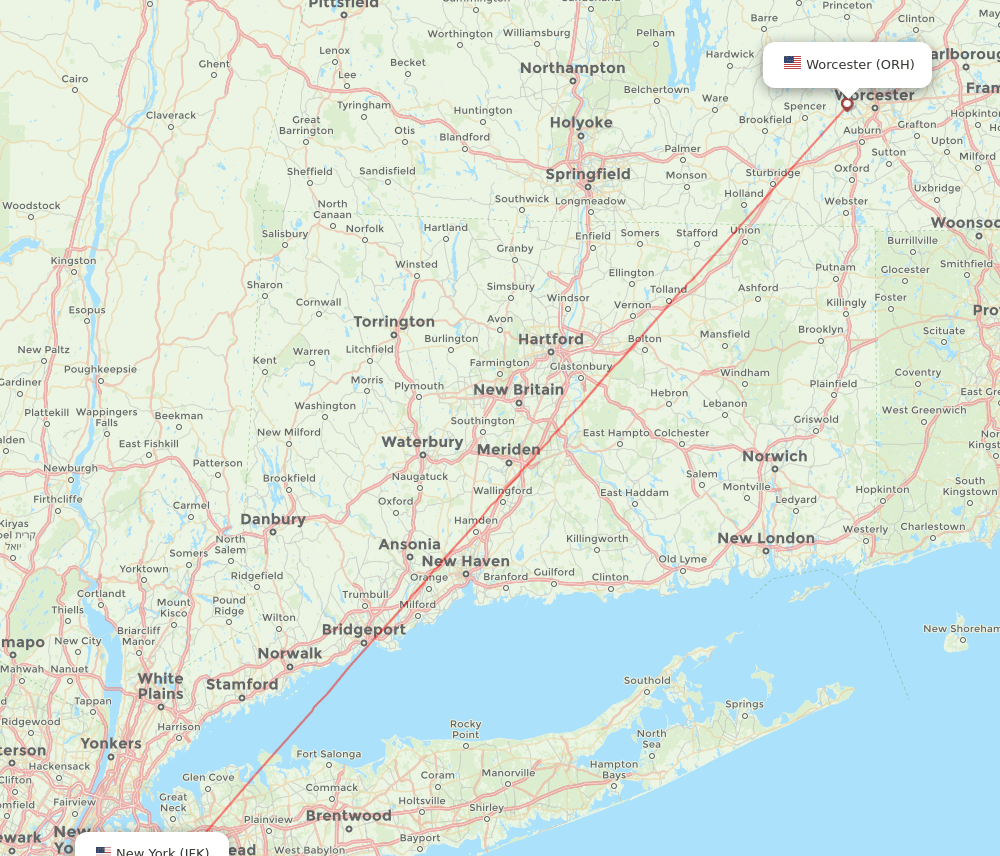 Worcester - New York route map and flight paths