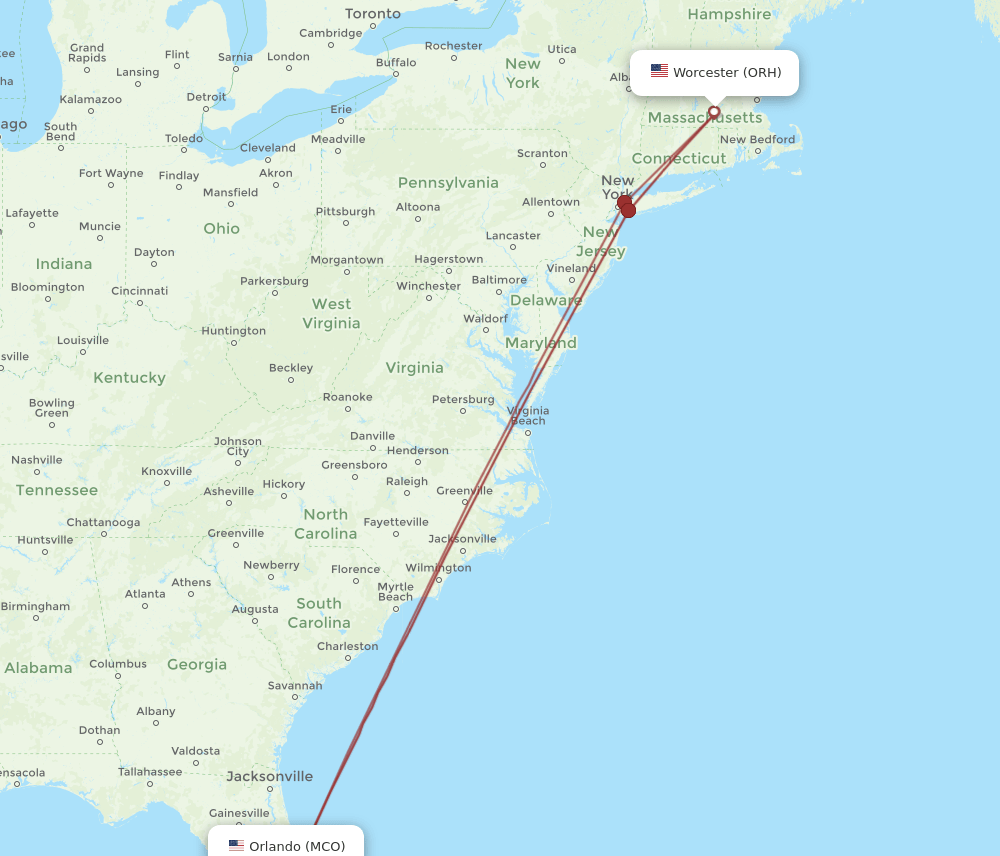 ORH to MCO flights and routes map