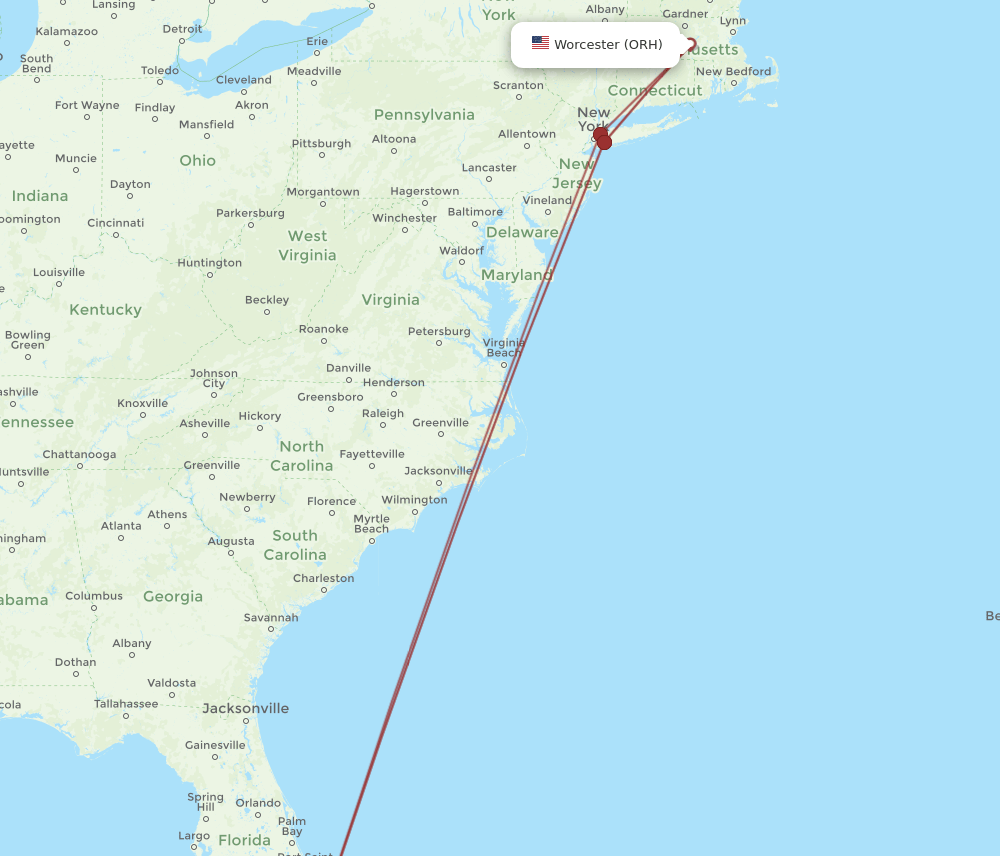 ORH to MIA flights and routes map