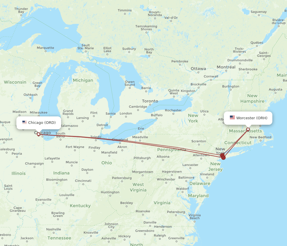 ORH-ORD flight routes