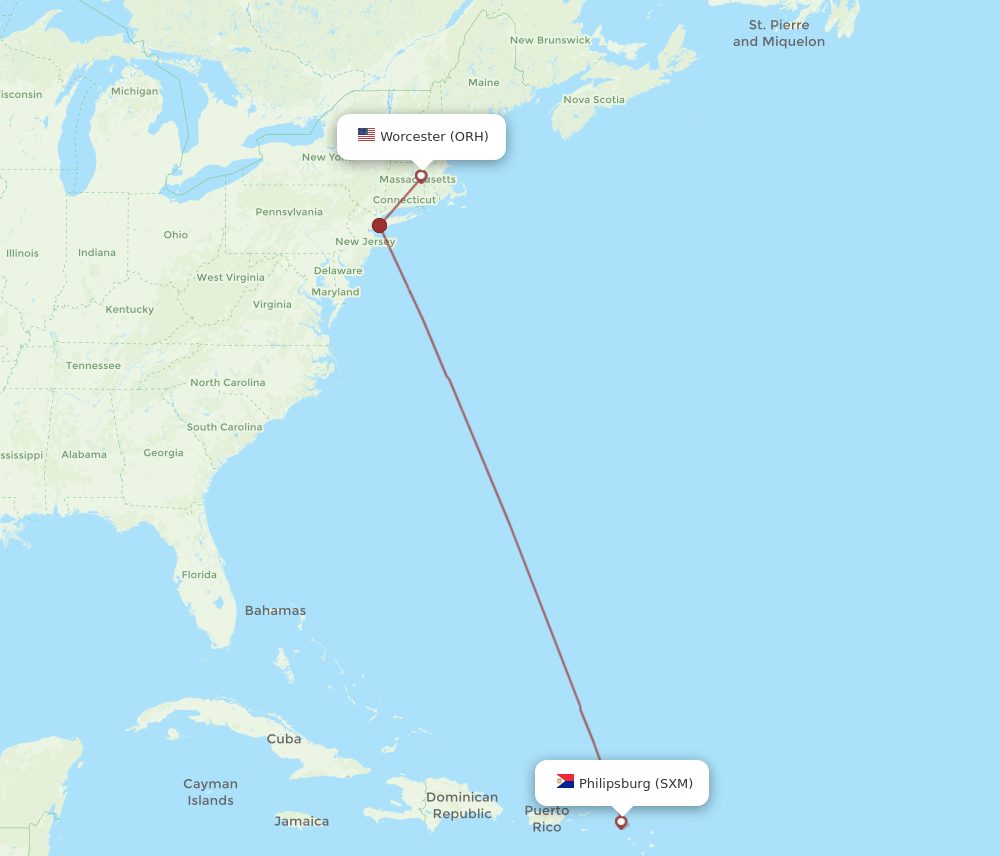Worcester - Sint Maarten route map and flight paths