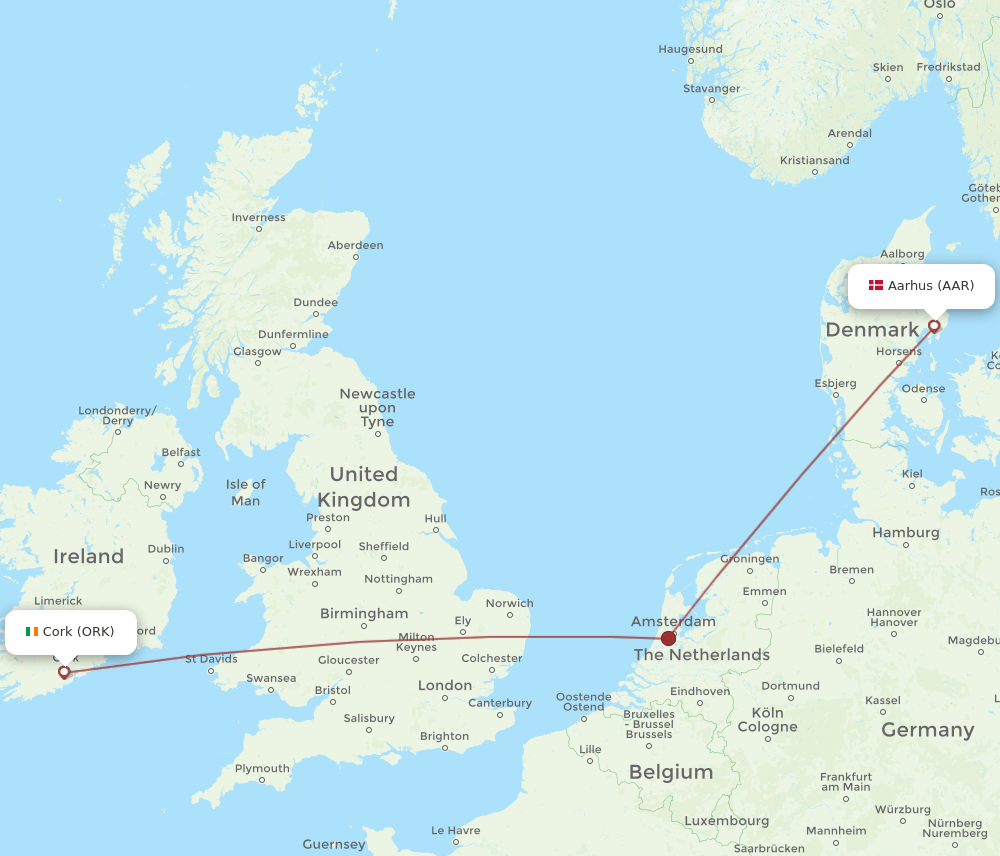 Cork - Aarhus route map and flight paths