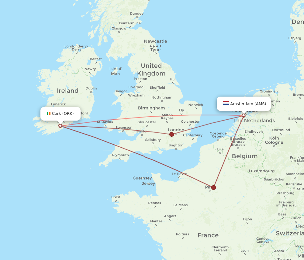 ORK to AMS flights and routes map