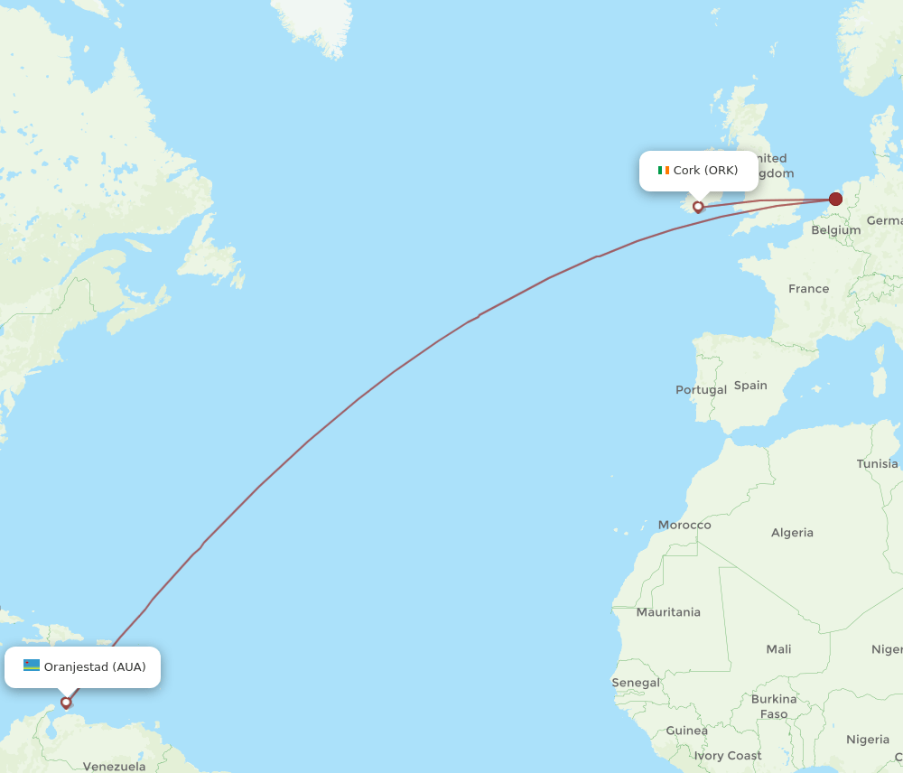 ORK to AUA flights and routes map