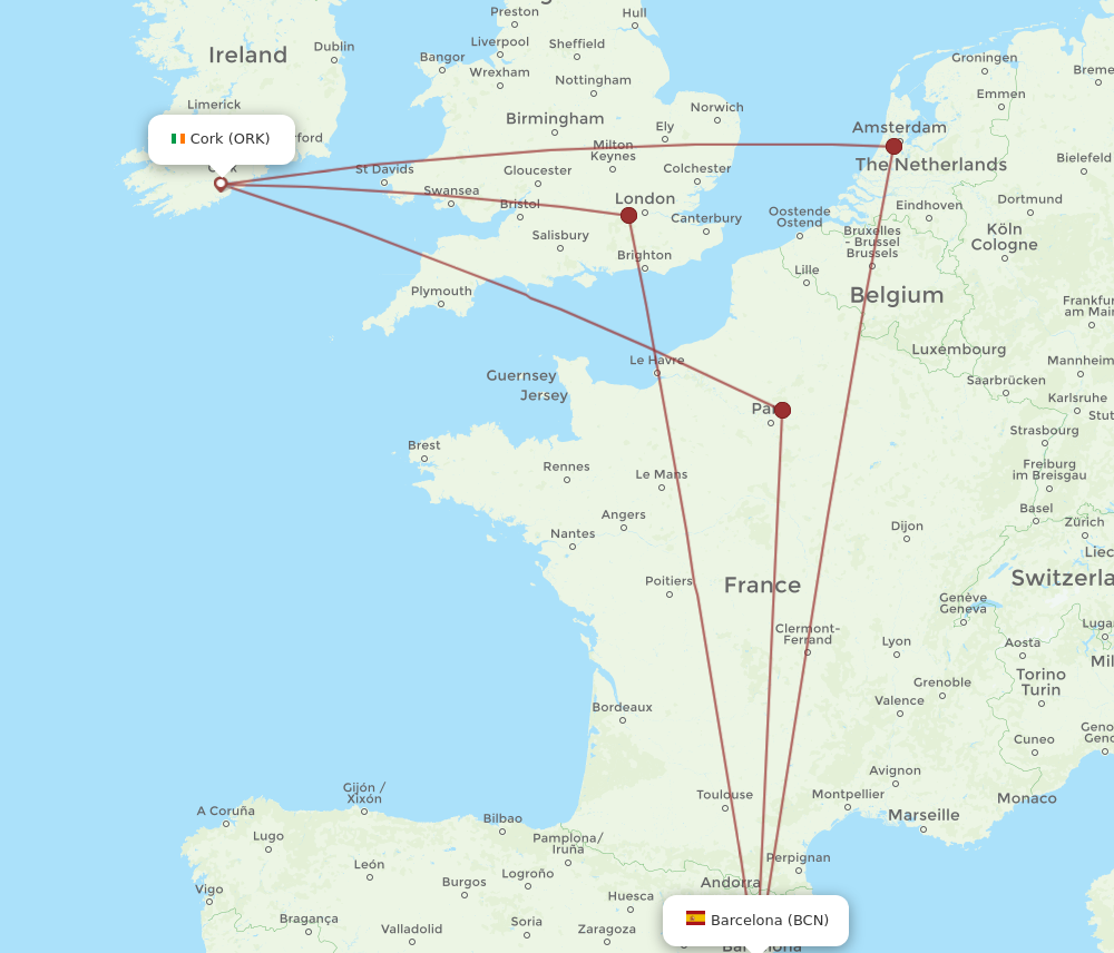 ORK to BCN flights and routes map