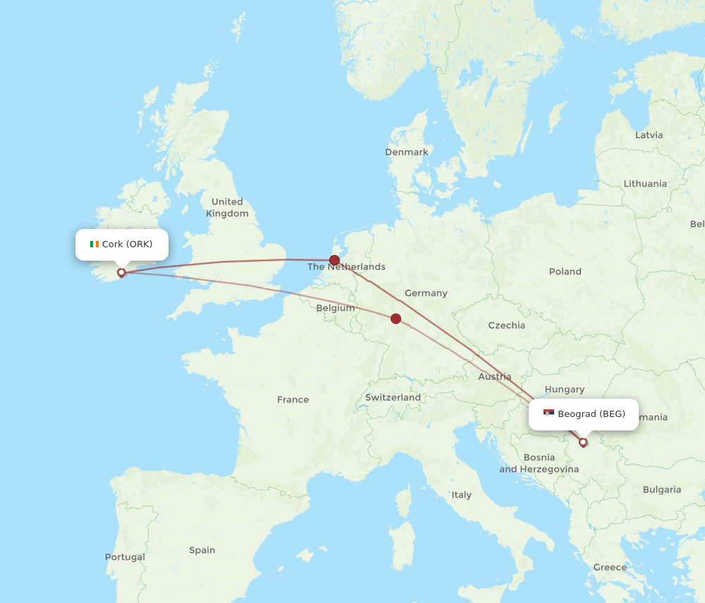 ORK to BEG flights and routes map