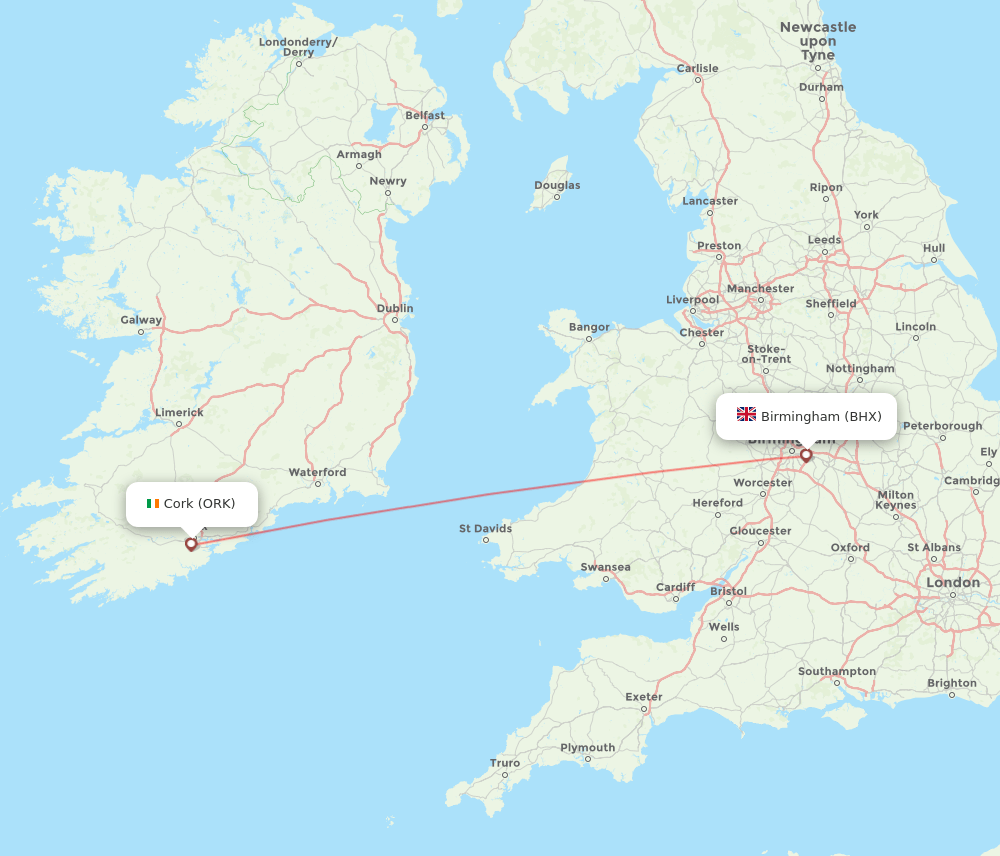 Cork - Birmingham route map and flight paths