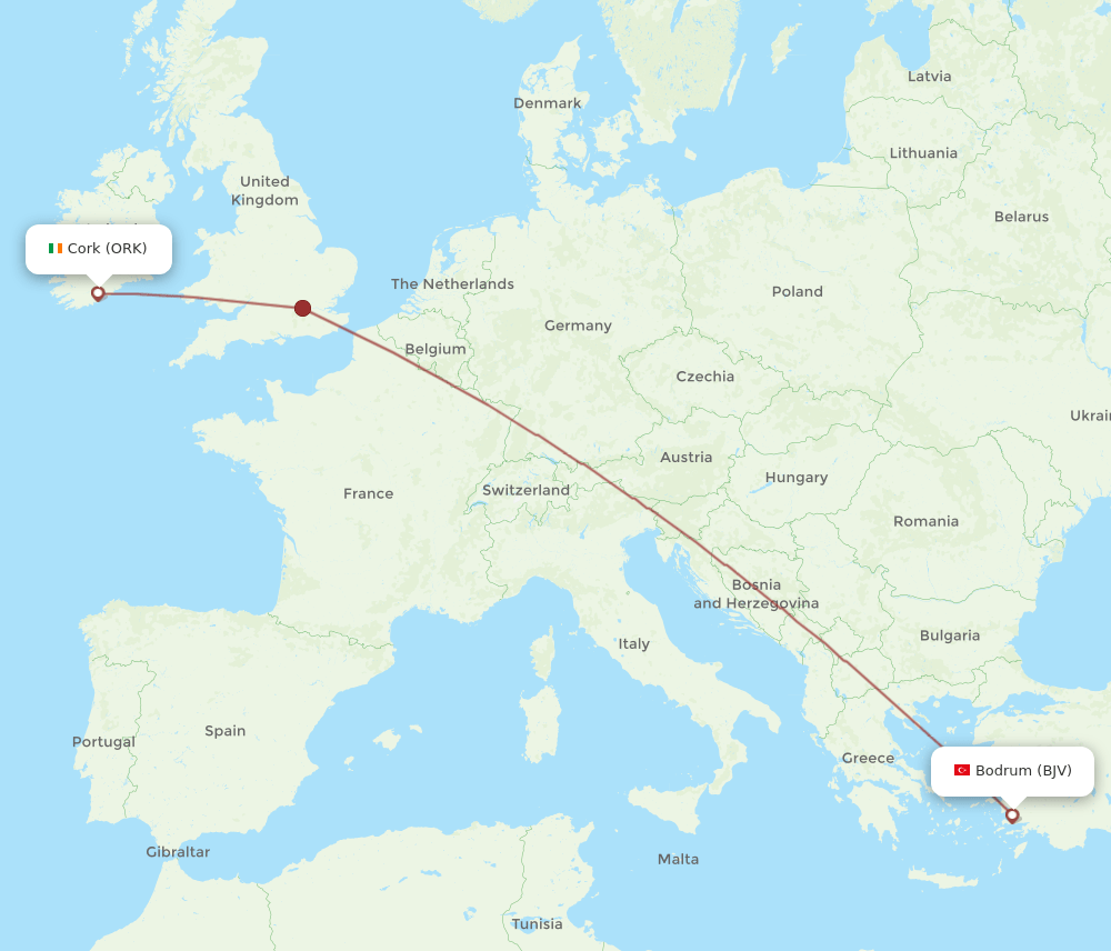 BJV to ORK flights and routes map