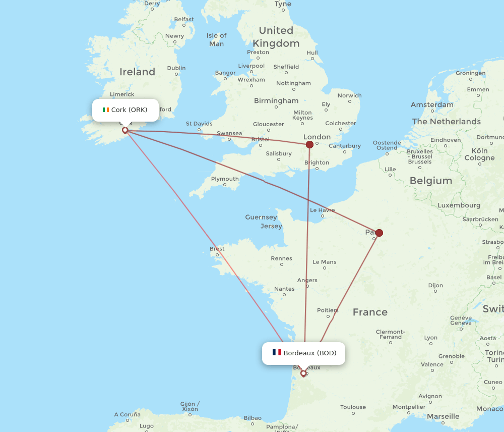 ORK to BOD flights and routes map