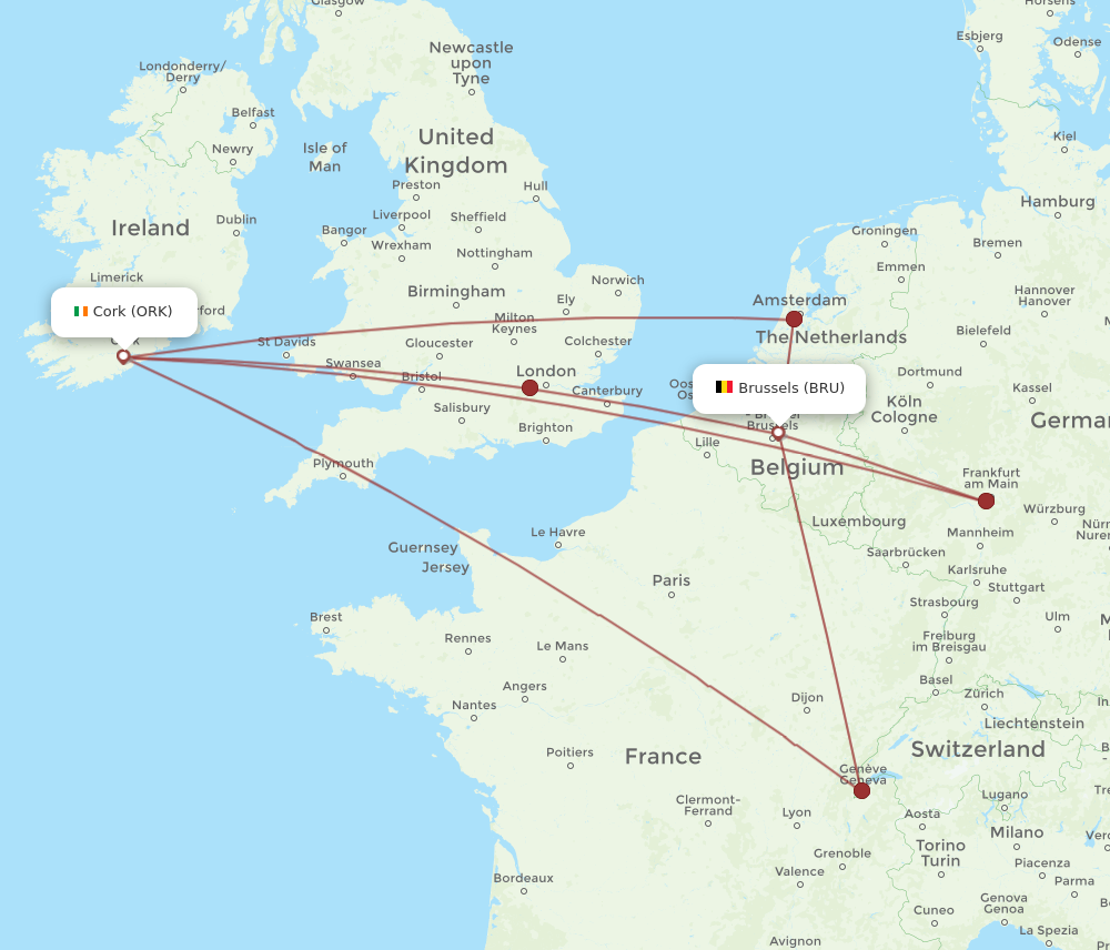 ORK to BRU flights and routes map
