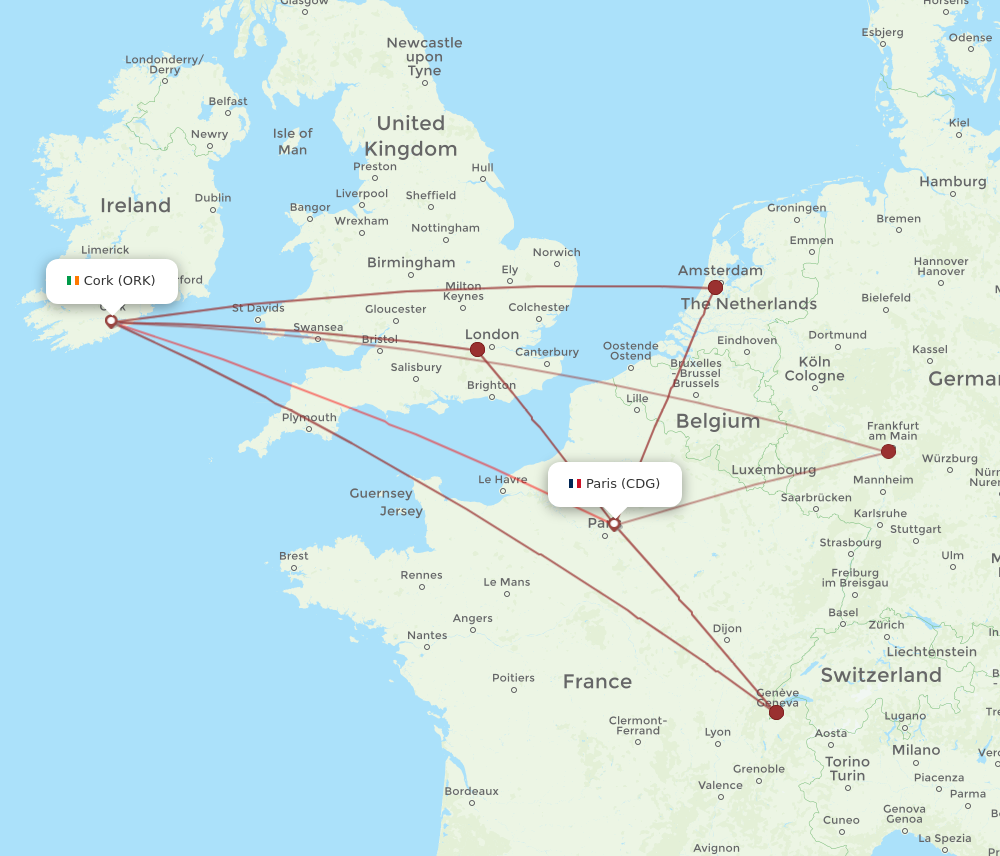 ORK to CDG flights and routes map