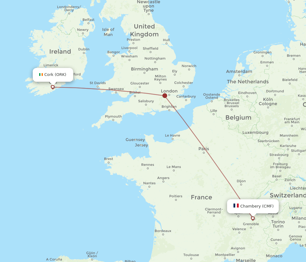 Cork - Chambery route map and flight paths