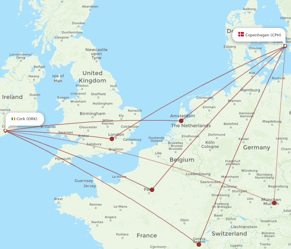 ORK to CPH flights and routes map