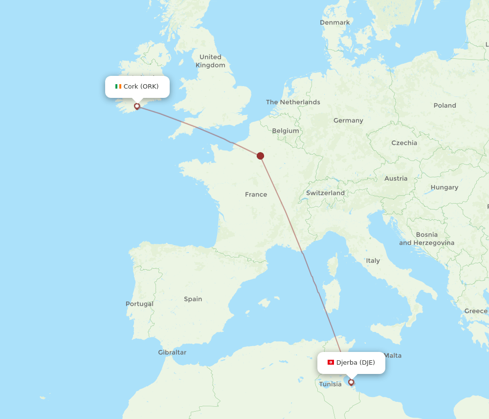 Djerba - Cork route map and flight paths